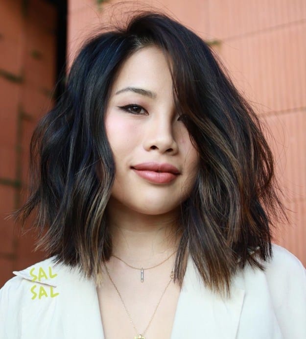 Side Part Textured Lob with Soft Brown Balayage