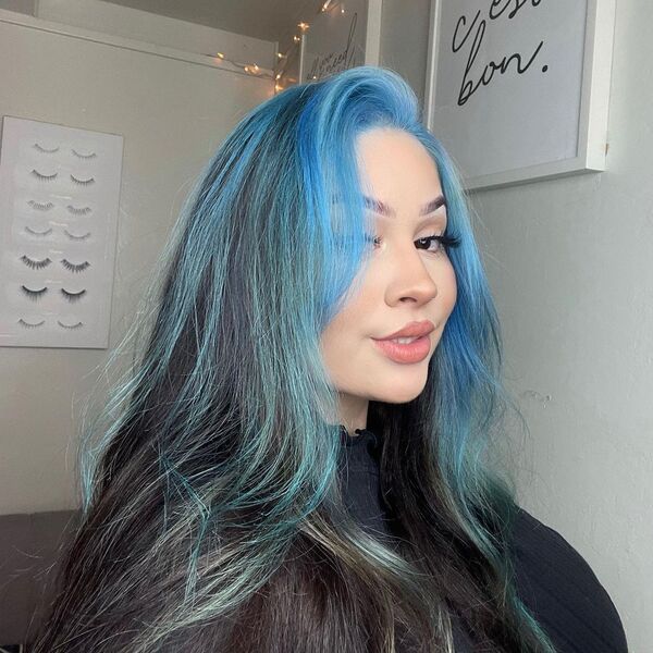 Side-Parted Light Blue Hair - a woman wearing a black shirt