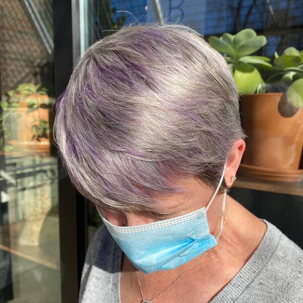 Silver with Lavender Tints Edgy Pixie - a woman wearing mask and gray shirt