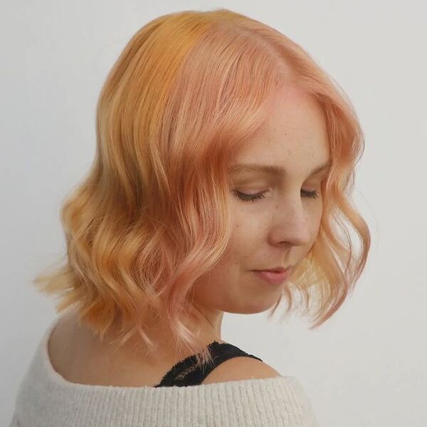 Split Dye Peachy Hair - a woman wearing a white off shoulder top