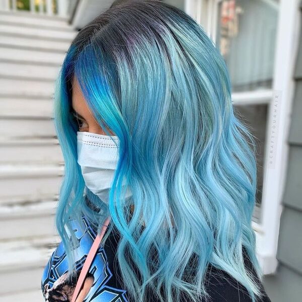 Stone Cold Light Blue Hair - a woman wearing a black printed shirt