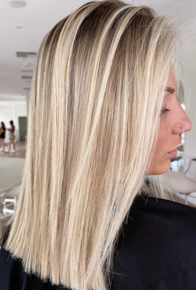 Straight Icy Blonde Hair with Dark Roots