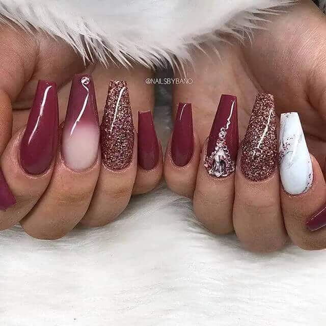 Stylish Winter Wonderland Burgundy Nails