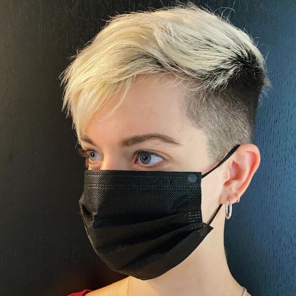 Swept Blonde Edgy Pixie - a woman wearing black mask
