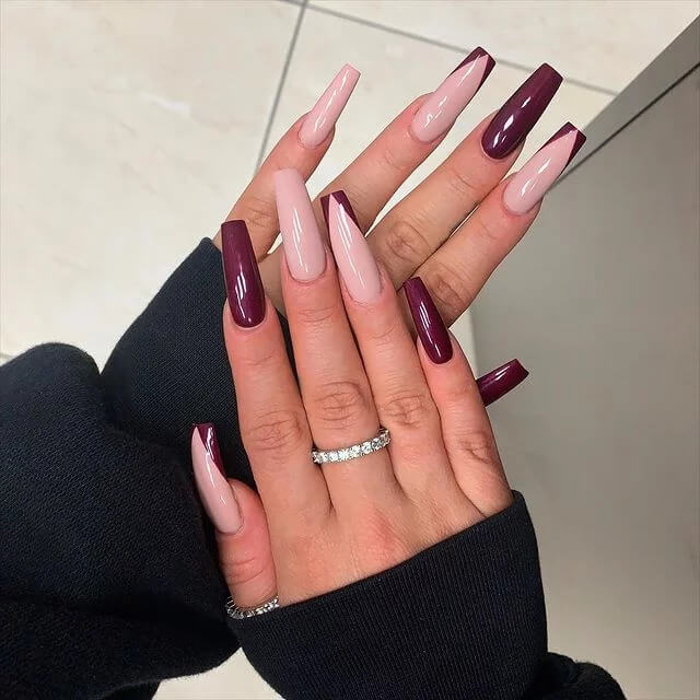 Trendy Burgundy Color Nails With Nude Highlights