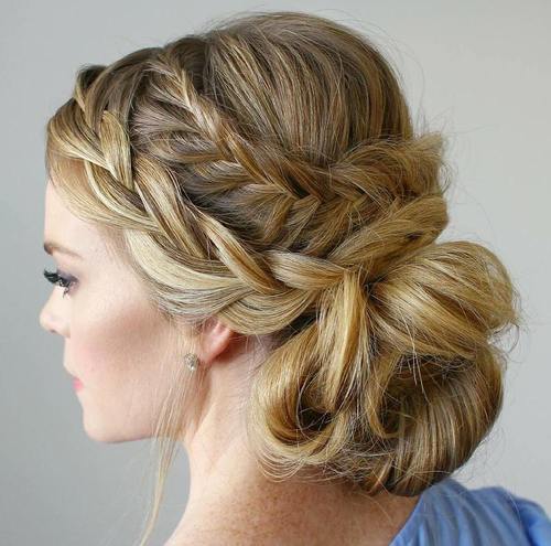 two braids and low bun updo