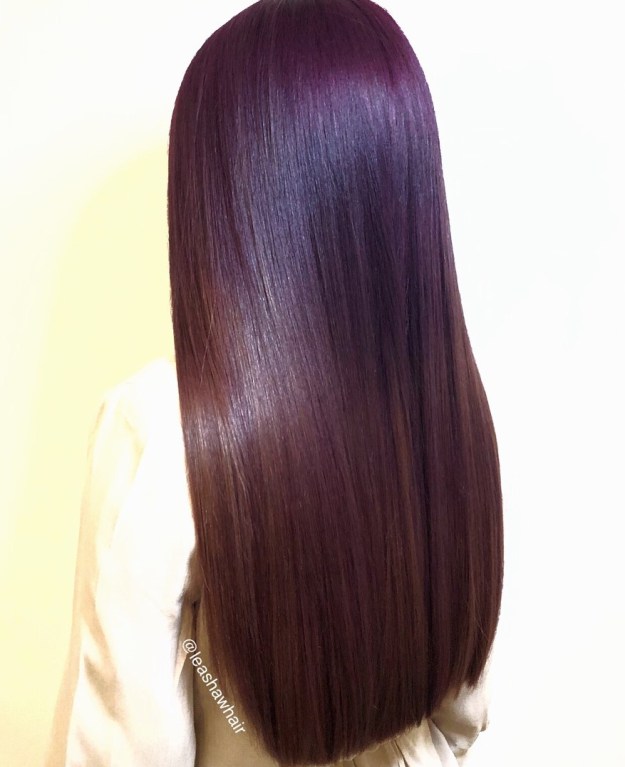 Violet Red and Brown Balayage Color on Straight Hair