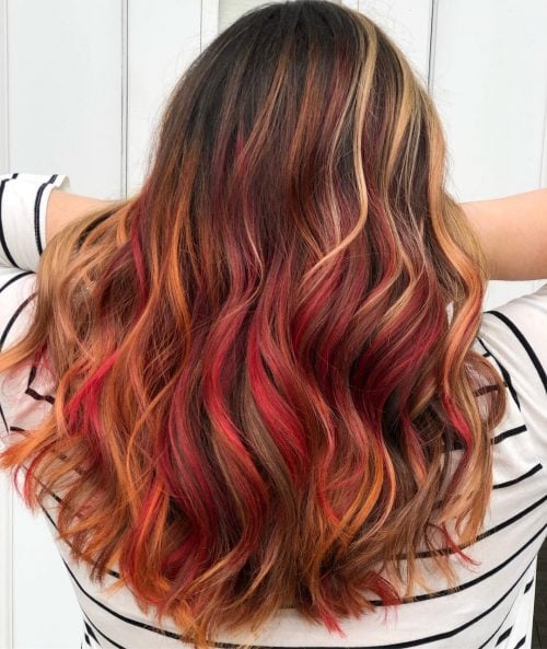 Bright Red Highlights on Dark Brown Hair