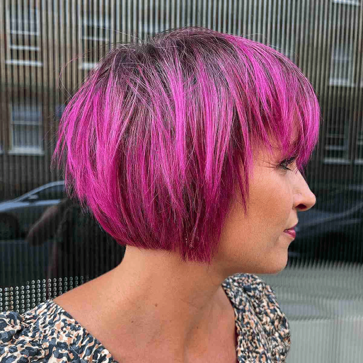 Magenta Pink Color on A Choppy Bob