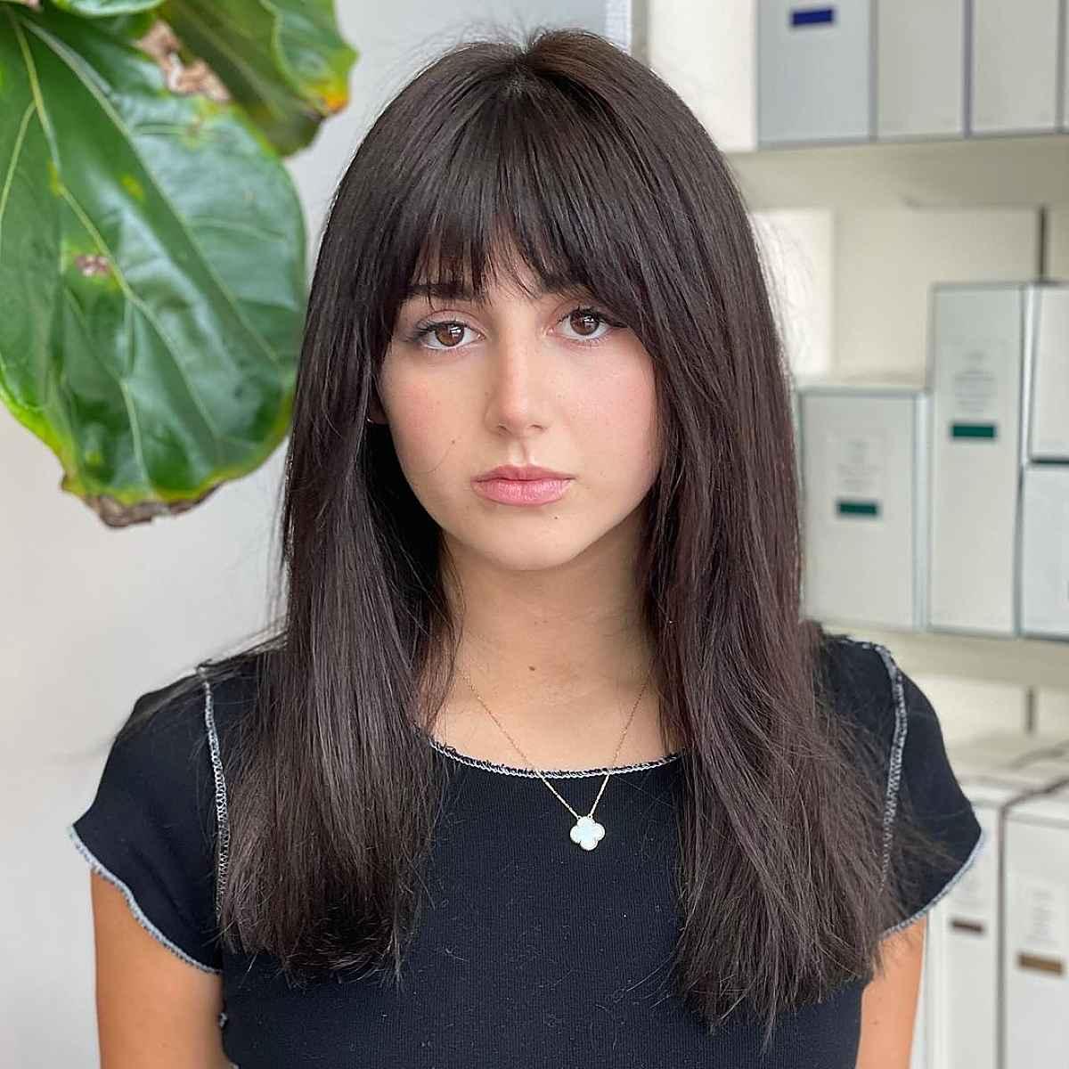 Solid and Silky Chocolate Brown Hair with Bangs