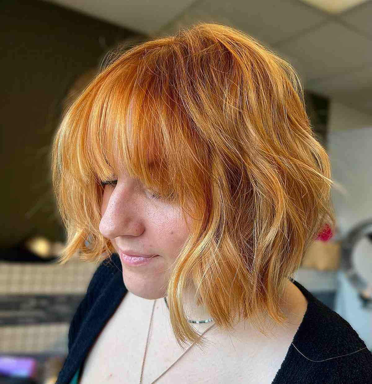 Textured Choppy Bob with Bangs in Light Copper
