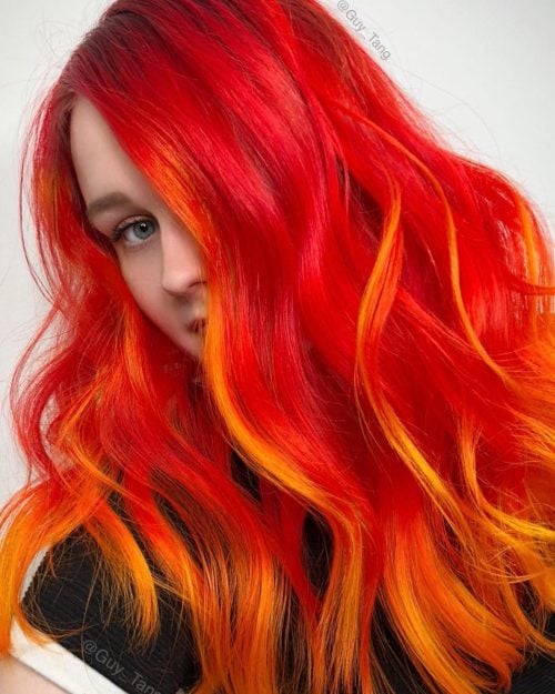 Vibrant Red with Blonde Highlights