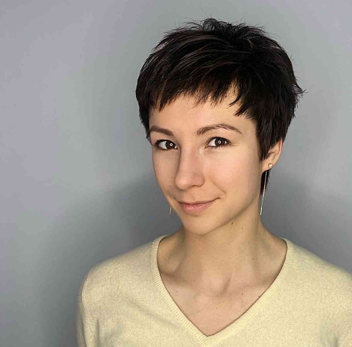 Jet Black Pixie with Choppy Layers and Micro Bangs