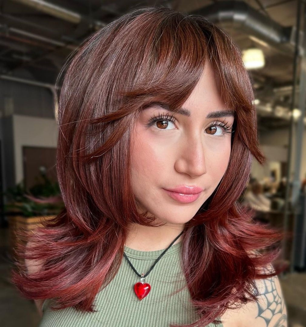 Highlighted Tips on Medium-Length Dark Auburn Hair