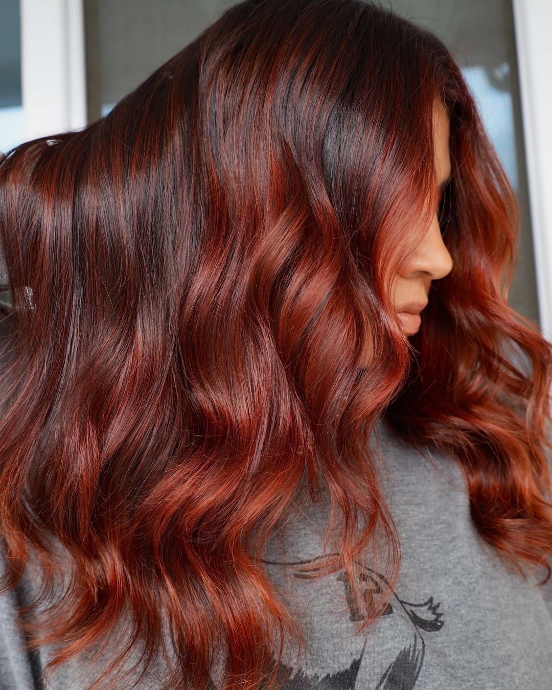 Scarlet Copper Balayage Mixed with Deep Auburn Hair