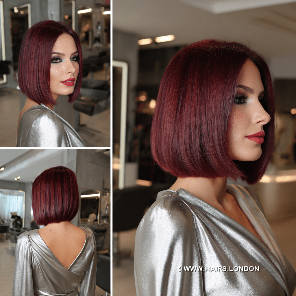 Deep Cherry Red Angled Bob Hair