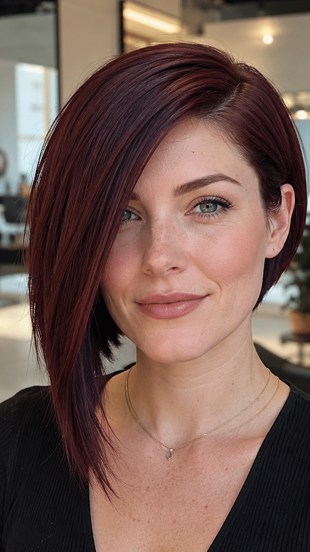 Dark Merlot Asymmetrical Bob Hair