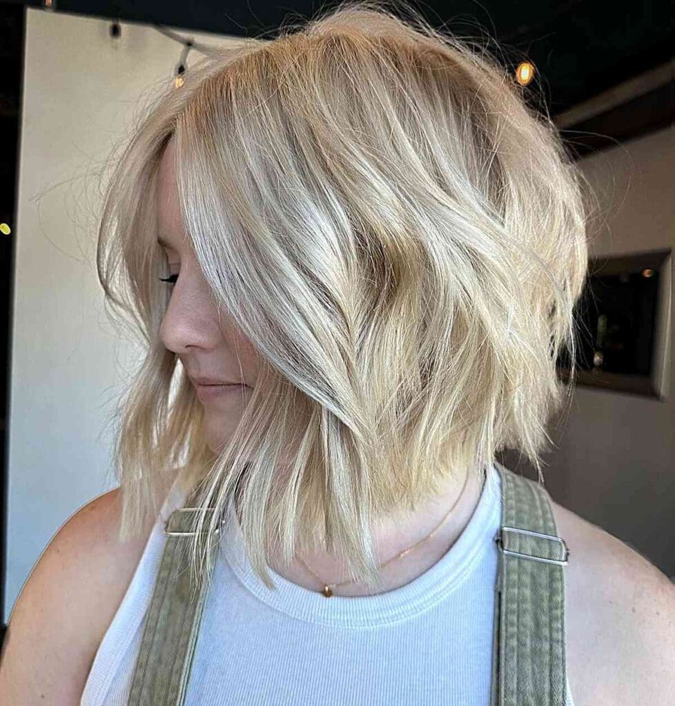 A blonde layered and choppy bob for thick hair, showcasing the timeless appeal of the bi-level bob.