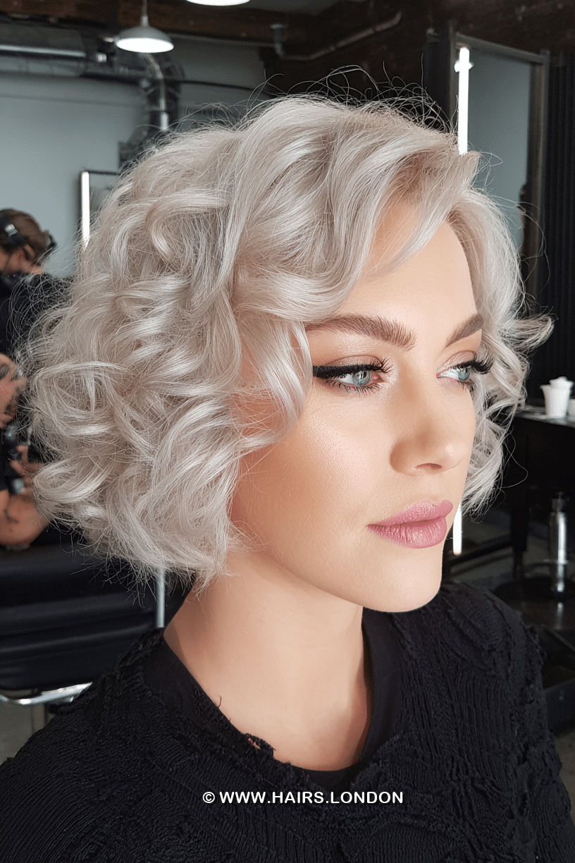 Icy Silver Pearl Curly Bob Hair