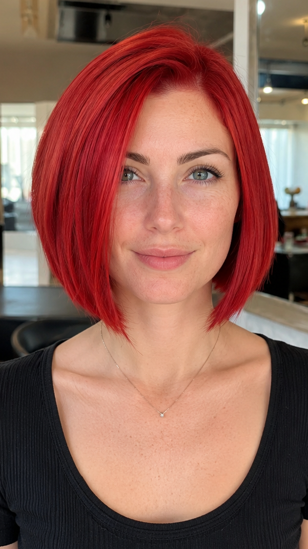 32 Trendiest Long Bob with Bangs Hairstyles for 2026 Crimson Scarlet Flame Hair