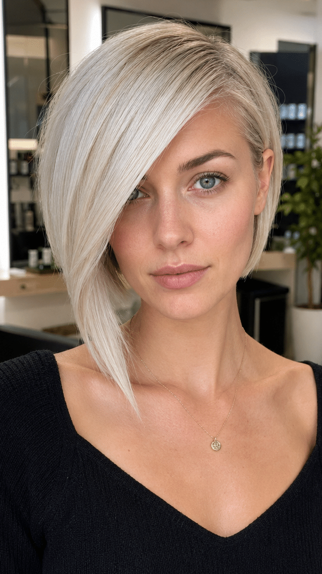 Arctic Pearl Blonde Asymmetrical Bob Hair