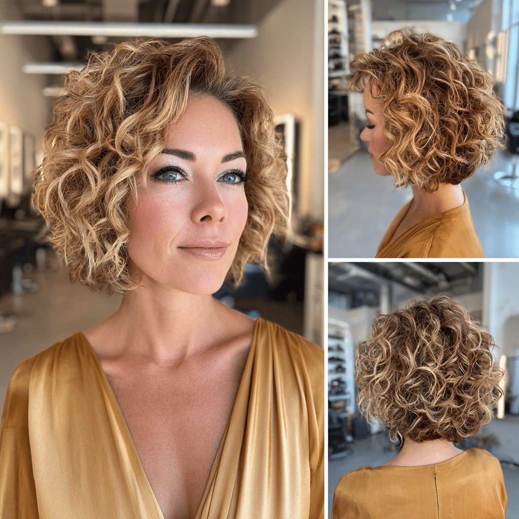 Golden Caramel Curly Bob Hair