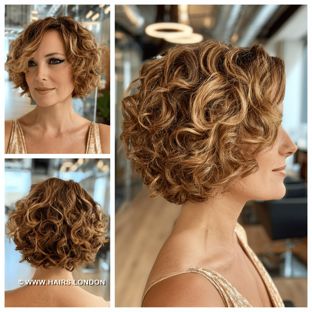 Golden Caramel Curly Bob Hair