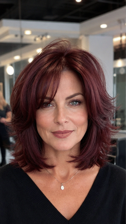 47 Chic Short Bob Haircut with Bangs Black Cherry Burgundy Merlot Hair