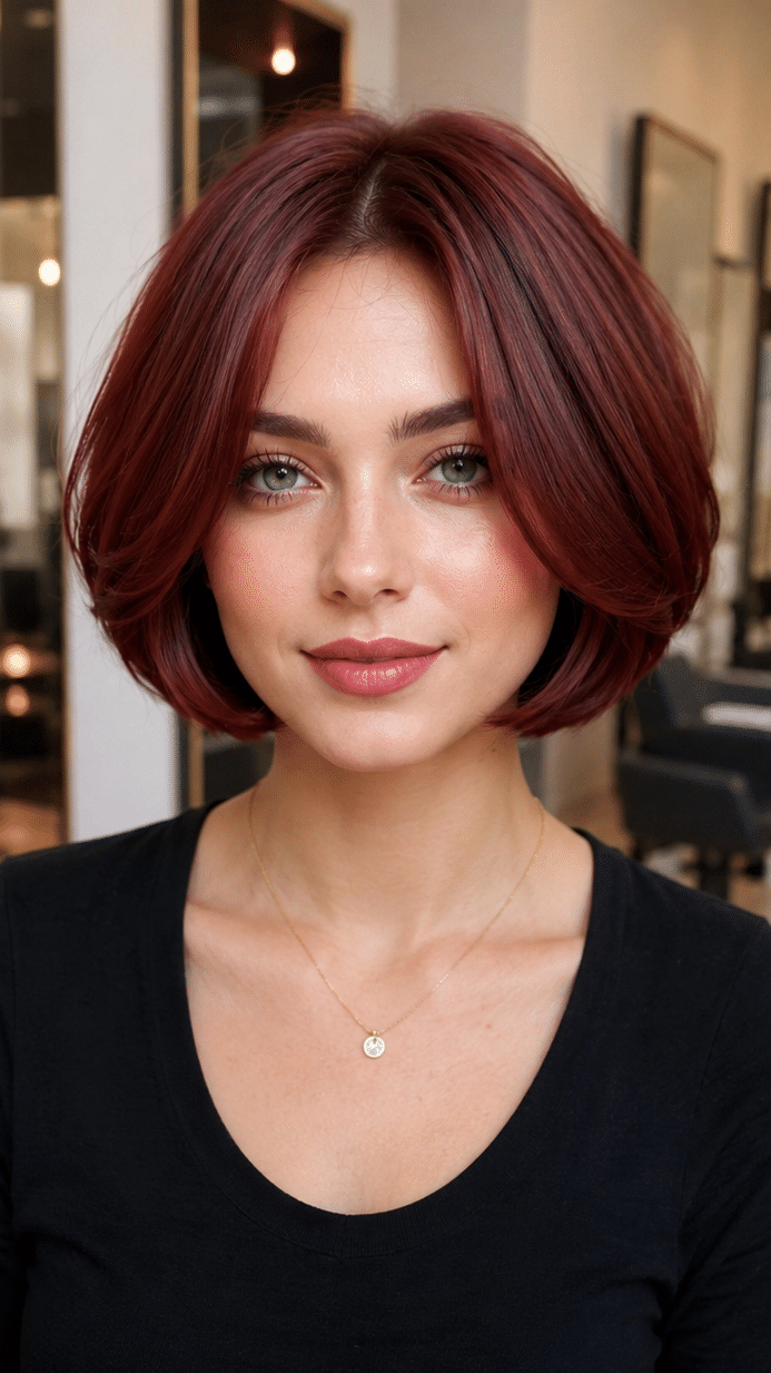47 Stylish Short Bob Haircuts with Bangs for a Fresh Look Rich Auburn Mahogany Hair
