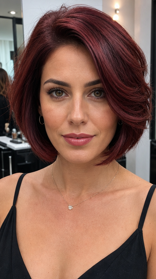 55 Best Shaggy Bob with Bangs Velvet Merlot Red Hair