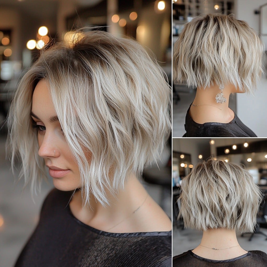 Ash Blonde Choppy Bob with Shadow Root
