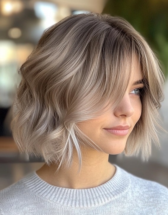 Ash Blonde Wavy Bob with Soft Curtain Bangs