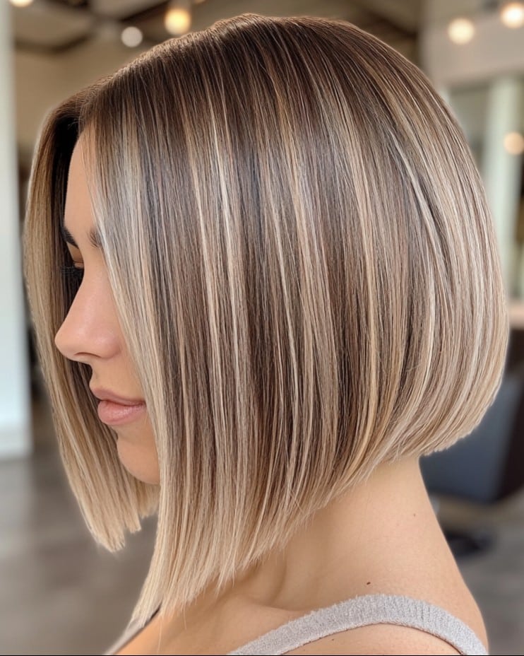 Beige Blonde with Shadow Roots A Line Bob
