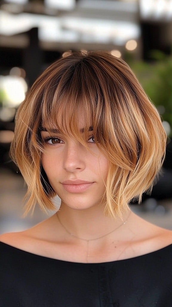 Caramel Blonde French Bob with Bangs