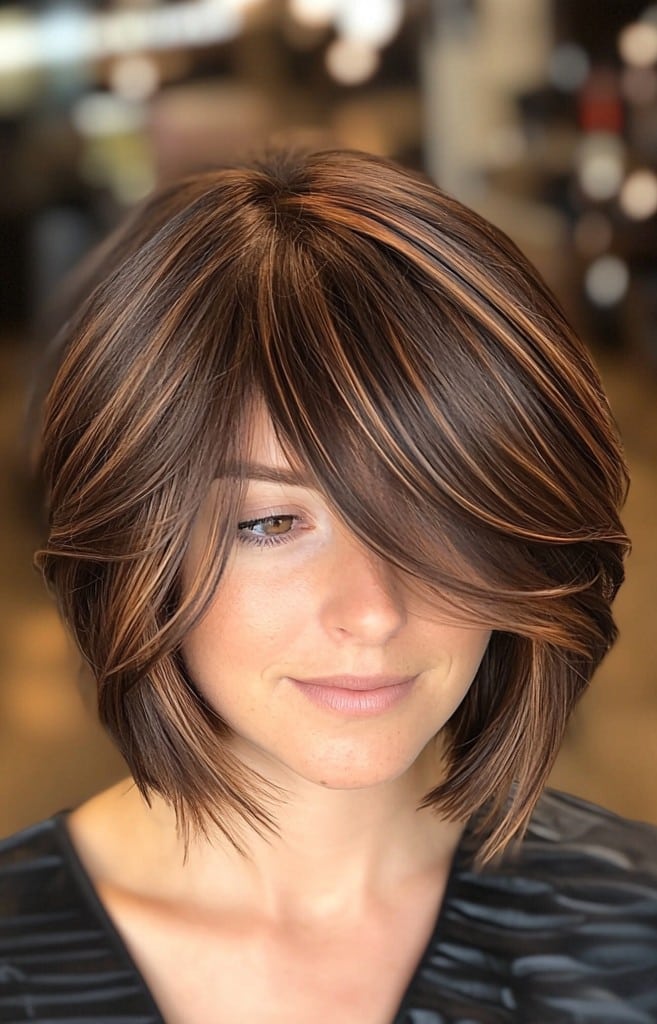 Chestnut Long Bob with Bangs
