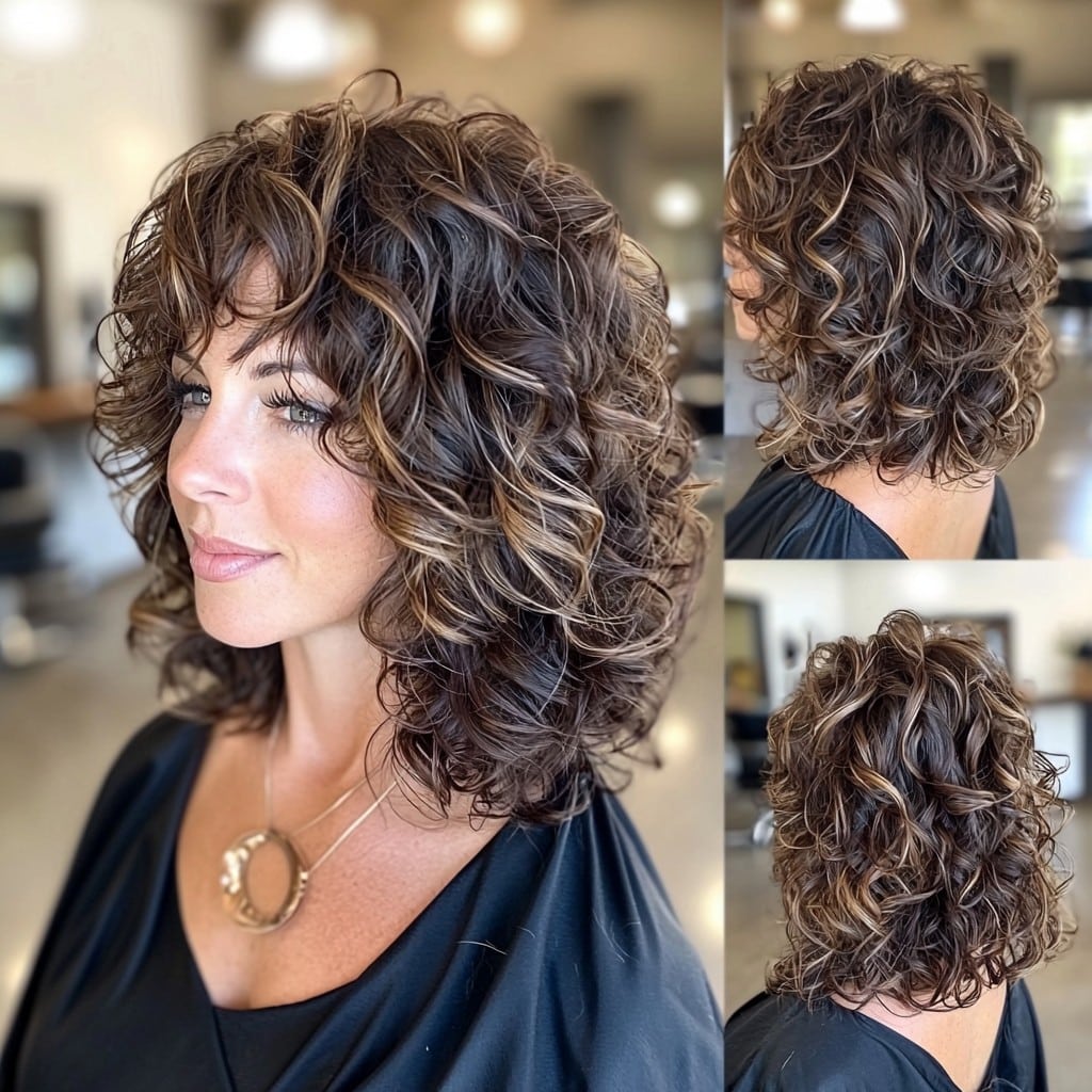Curly Brunette Lob with Caramel Highlights