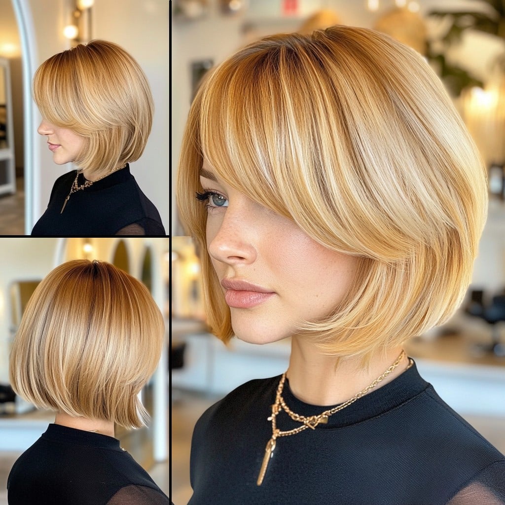 Golden Blonde Bob with Curtain Bangs and Soft Layers