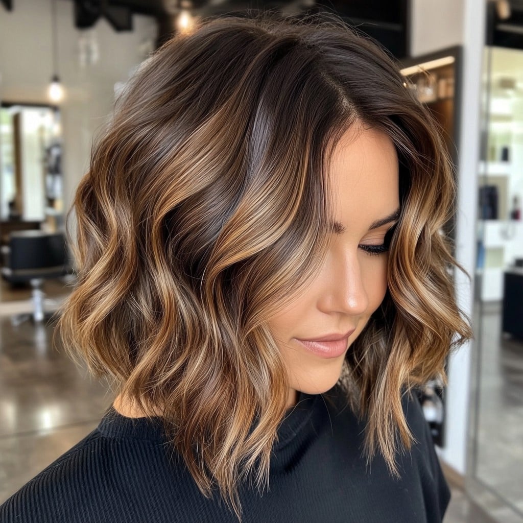 Golden Brunette Balayage Wavy Bob
