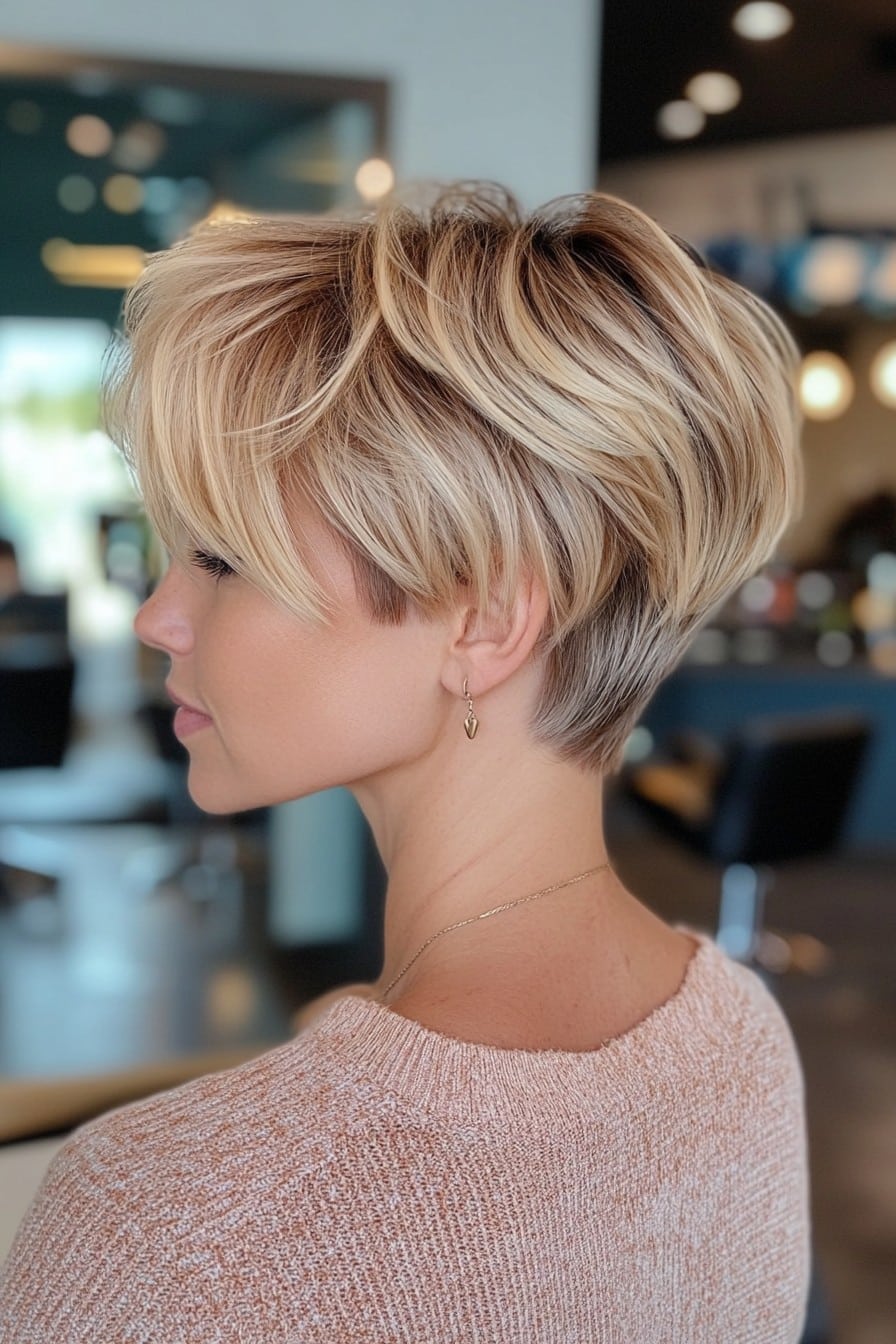 Honey Blonde Pixie with Dark Root Contrast