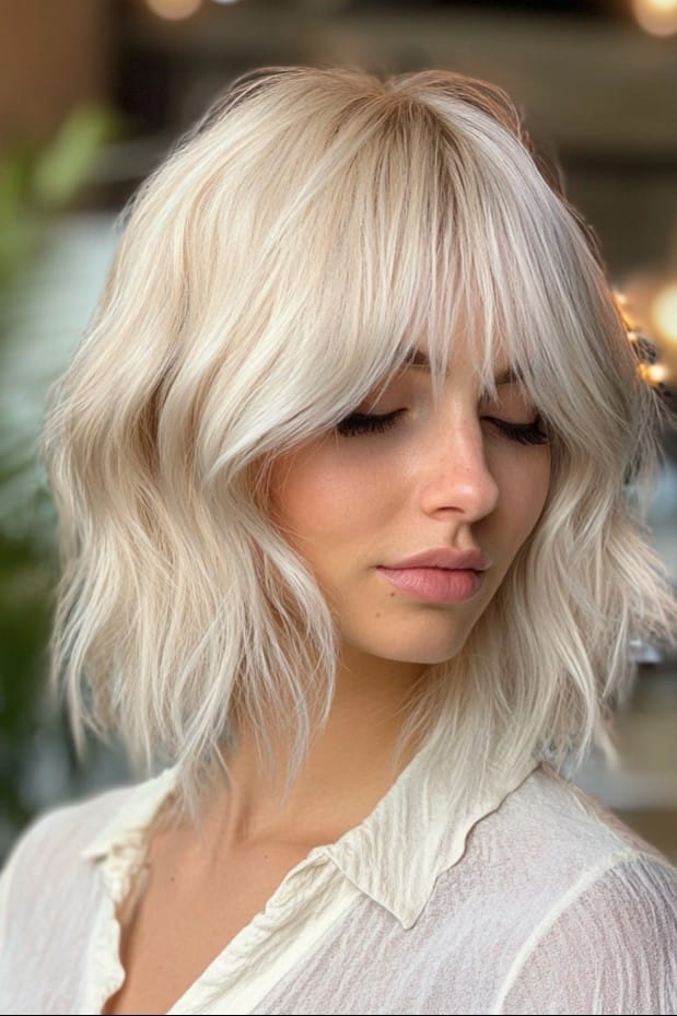 Icy Blonde Layered Bob with Soft Shaggy Bangs