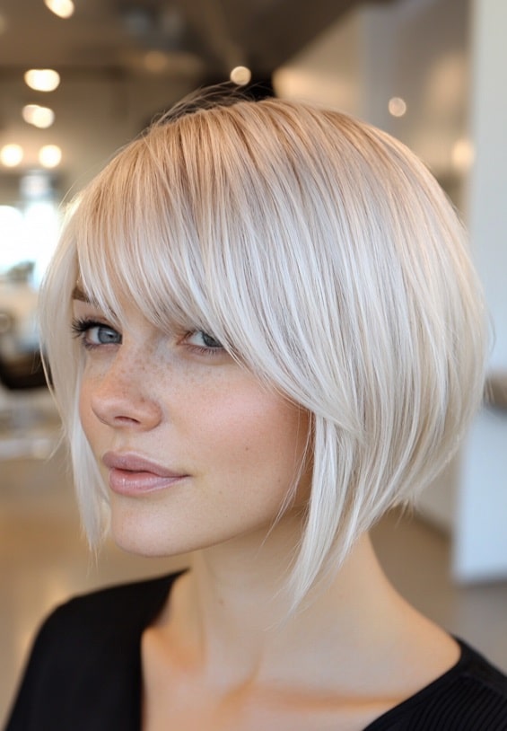 Icy Platinum Blonde Bob with Soft Bangs