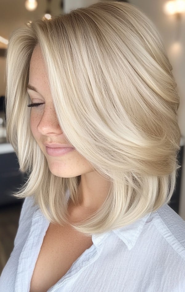 Platinum Blonde Feathered Bob Hair