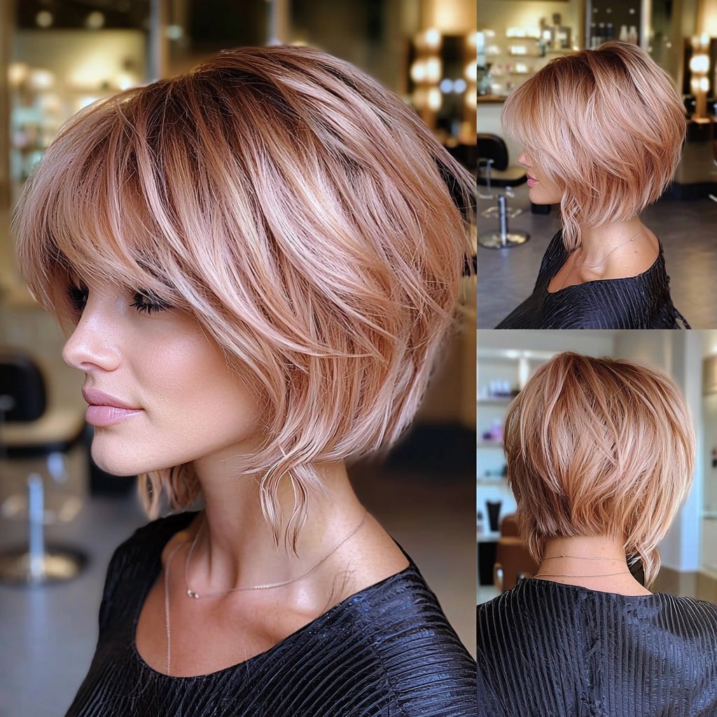 Rose Pink Layered Bob with Bangs