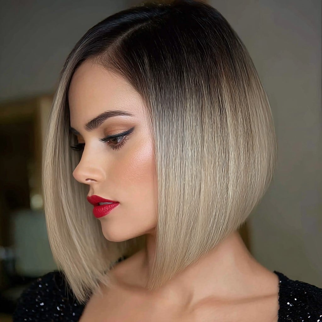 Sleek Ash Blonde Ombre with a Side-Parted Bob