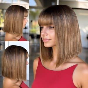 Sleek Caramel Brown Bob with Bangs Hair