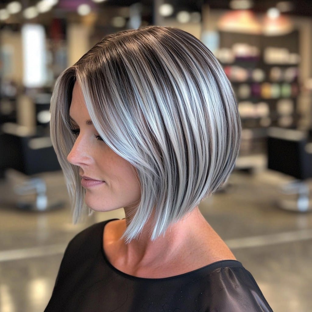 Sleek Silver Balayage Bob with a Chic Edge