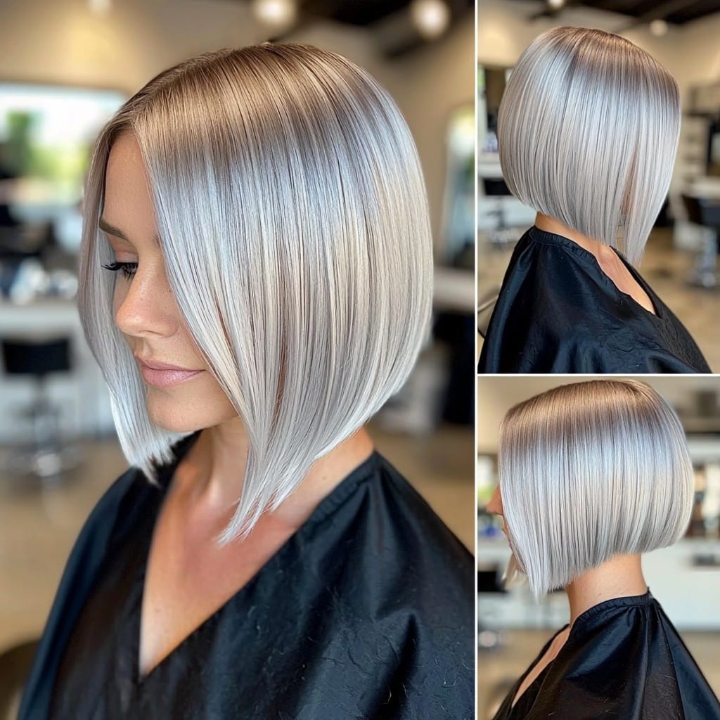 Sleek Silver Ombre Bob with a Sharp Finish