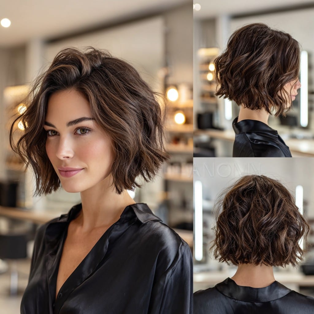 Tousled Dark Chocolate Wavy Bob Hair
