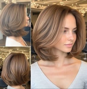 Warm Honey Brown Layered Bob Hair