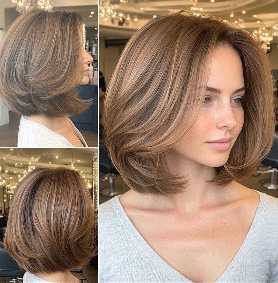 Warm Honey Brown Layered Bob Hair